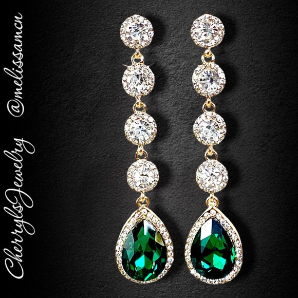Long Green Crystal Dangle Earrings Light Comfortable Special Occasion Spa… - Picture 3 of 5